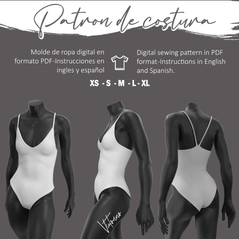 Patron de costura PDF - Body Traje de baño de una pieza escote en V - One-piece swimsuit straight neckline - Imagen 2
