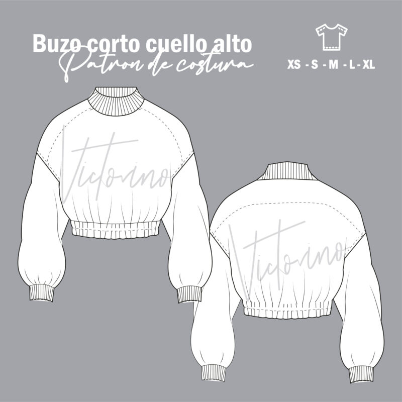 Patrón de costura PDF – Buzo corto cuello alto/ High collar sweater / Sudadera Mujer - Imagen 3