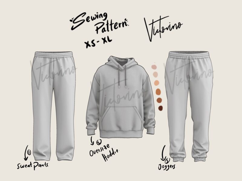 Patrón de costura PDF – Unisex Oversize Hoodie (sudadera - buzo con capota), sweatpants (pantalones resortados) and Joggers - Imagen 4