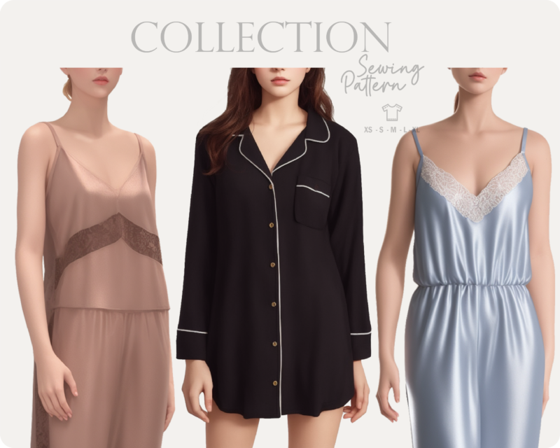 Colección de pijamas Satín seda y encaje para dormir - Patrón de costura PDF A0 y doméstico en todas las tallas