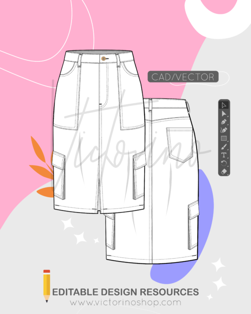 Plantilla Digital de Dibujo Plano: Falda Cargo Denim con Bolsillos y Abertura - Diseño a la Rodilla