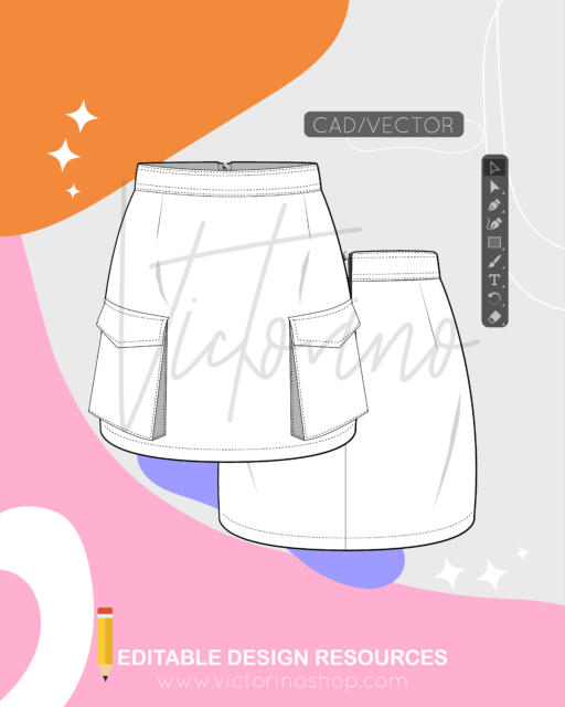 Vector Editable: Mini Falda Cargo con Tapas y Cierre Posterior - Dibujo Plano de Moda