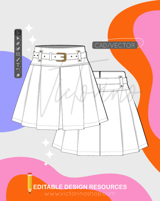 Plantilla Digital - Dibujo Plano: Mini Falda Plisada Elegante con Cinturilla Ancha y Cinturón